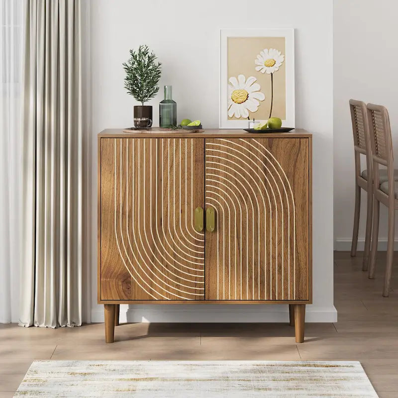 Credenza a buffet mid-century in noce con ante a scanalature e ripiano regolabile