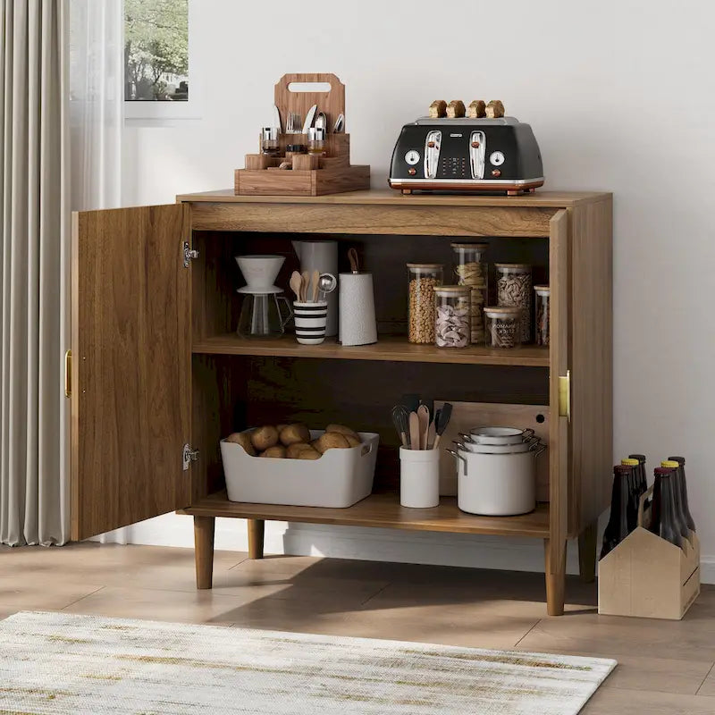 Credenza a buffet mid-century in noce con ante a scanalature e ripiano regolabile