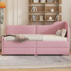 Divano letto a L in velluto a coste rosa/beige/blu, a una piazza e mezza, con 2 cassetti portaoggetti (singolo)