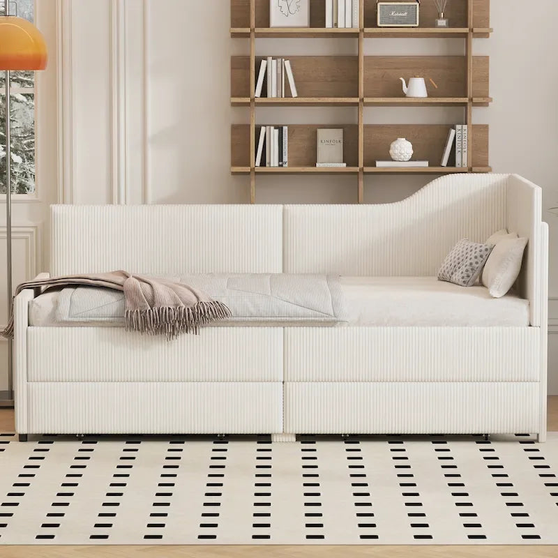 Divano letto a L in velluto a coste rosa/beige/blu, a una piazza e mezza, con 2 cassetti portaoggetti (singolo)