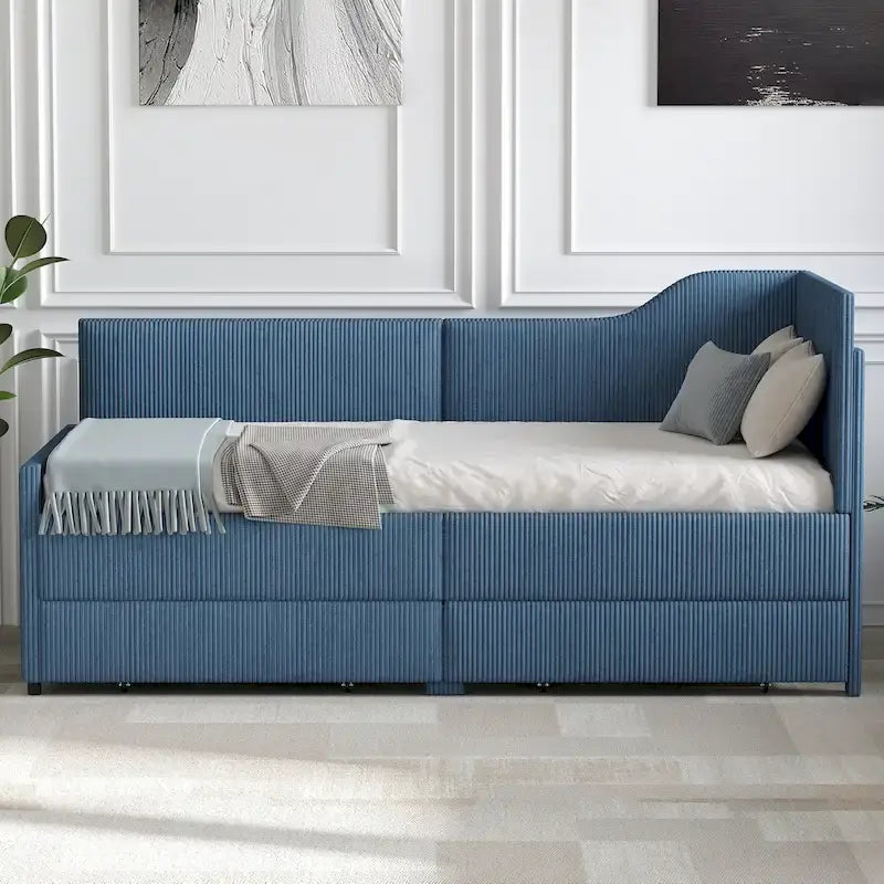 Divano letto a L in velluto a coste rosa/beige/blu, a una piazza e mezza, con 2 cassetti portaoggetti (singolo)