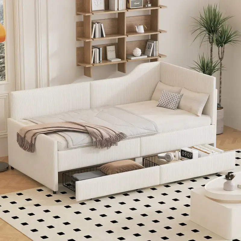 Divano letto a L in velluto a coste rosa/beige/blu, a una piazza e mezza, con 2 cassetti portaoggetti (singolo)