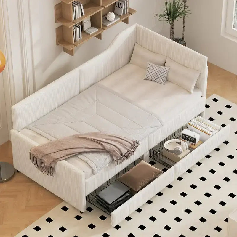 Divano letto a L in velluto a coste rosa/beige/blu, a una piazza e mezza, con 2 cassetti portaoggetti (singolo)