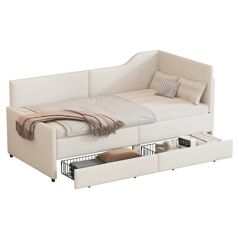 Divano letto a L in velluto a coste rosa/beige/blu, a una piazza e mezza, con 2 cassetti portaoggetti (singolo)