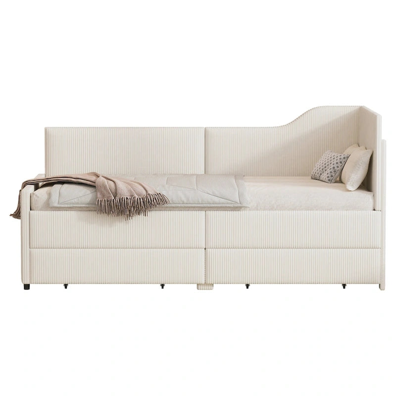Divano letto a L in velluto a coste rosa/beige/blu, a una piazza e mezza, con 2 cassetti portaoggetti (singolo)