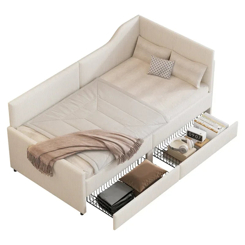 Divano letto a L in velluto a coste rosa/beige/blu, a una piazza e mezza, con 2 cassetti portaoggetti (singolo)