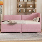 Divano letto a L in velluto a coste rosa/beige/blu, a una piazza e mezza, con 2 cassetti portaoggetti (singolo)
