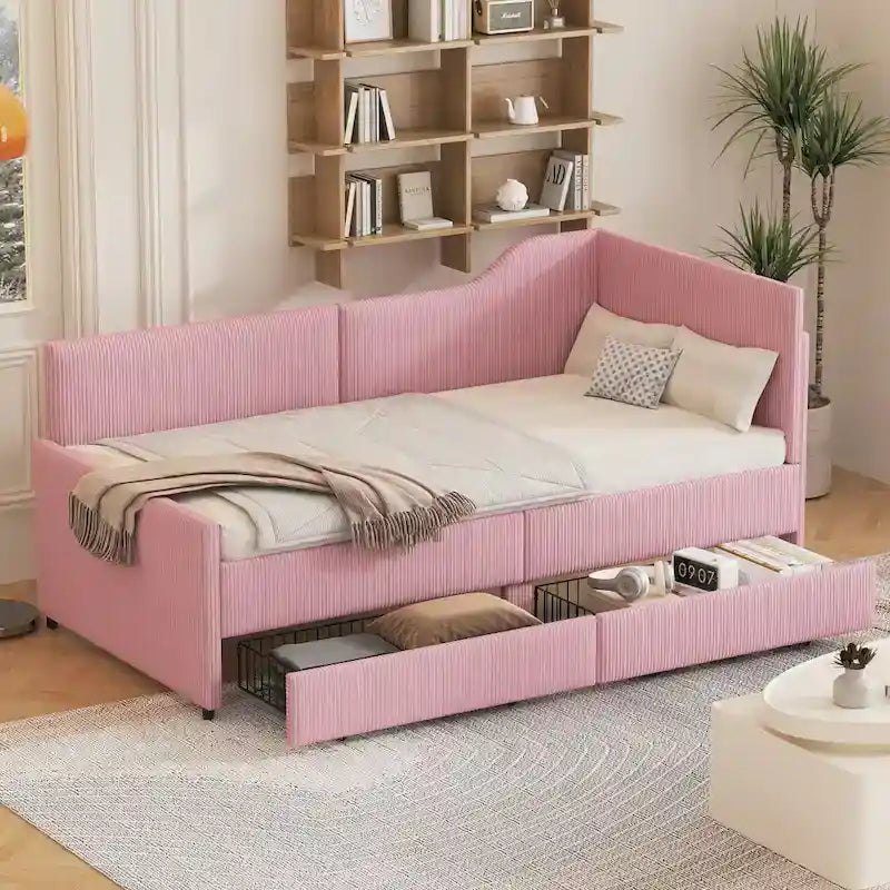Divano letto a L in velluto a coste rosa/beige/blu, a una piazza e mezza, con 2 cassetti portaoggetti (singolo)