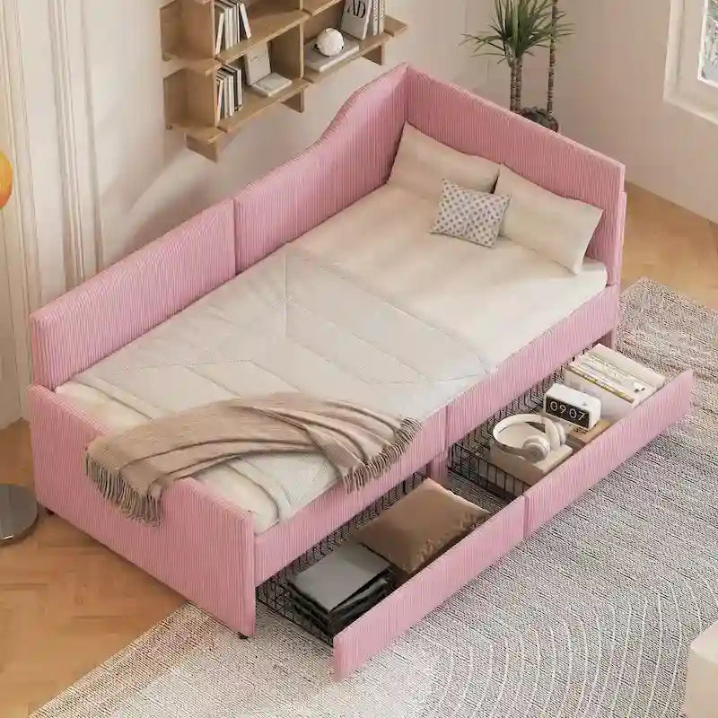 Divano letto a L in velluto a coste rosa/beige/blu, a una piazza e mezza, con 2 cassetti portaoggetti (singolo)