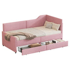 Divano letto a L in velluto a coste rosa/beige/blu, a una piazza e mezza, con 2 cassetti portaoggetti (singolo)