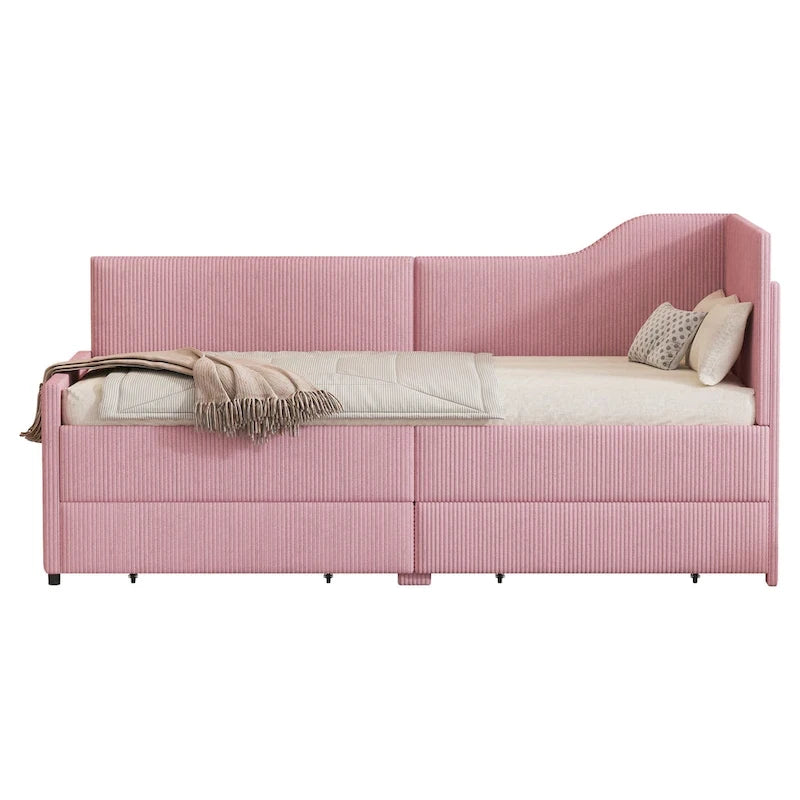 Divano letto a L in velluto a coste rosa/beige/blu, a una piazza e mezza, con 2 cassetti portaoggetti (singolo)