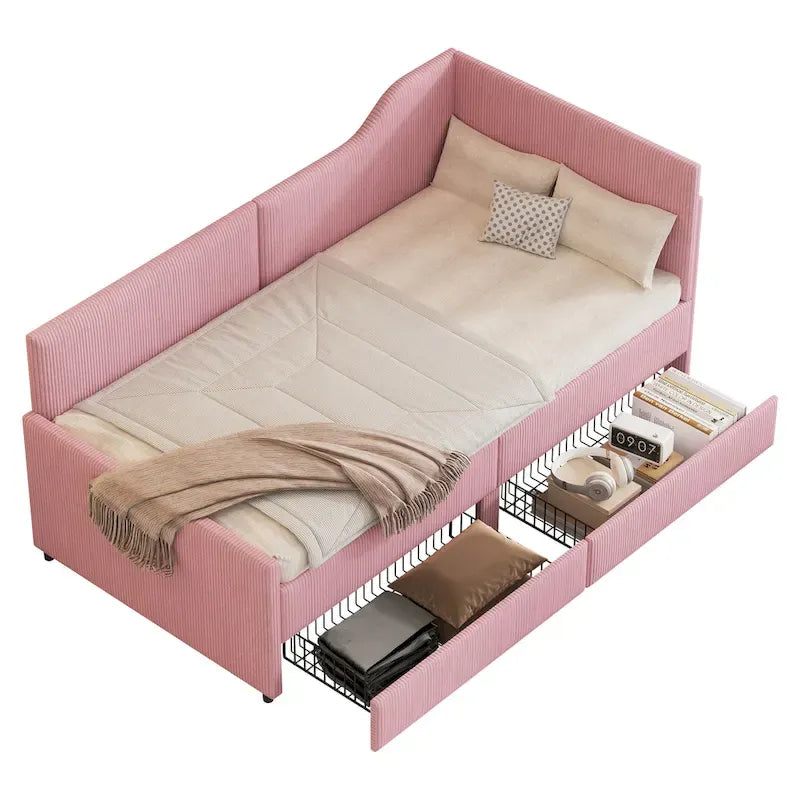Divano letto a L in velluto a coste rosa/beige/blu, a una piazza e mezza, con 2 cassetti portaoggetti (singolo)