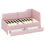Divano letto a L in velluto a coste rosa/beige/blu, a una piazza e mezza, con 2 cassetti portaoggetti (singolo)