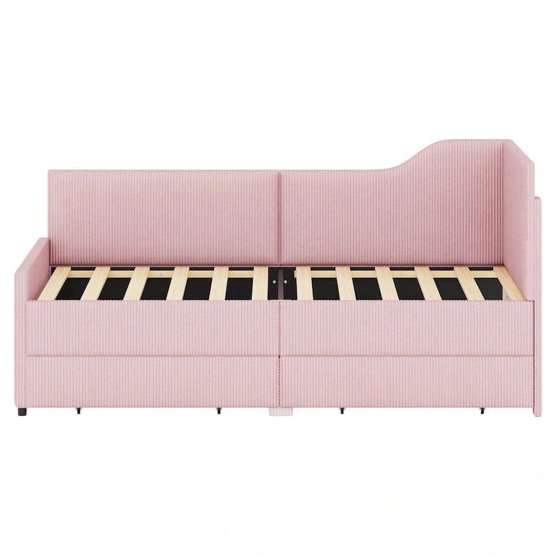 Divano letto a L in velluto a coste rosa/beige/blu, a una piazza e mezza, con 2 cassetti portaoggetti (singolo)