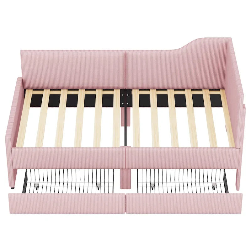 Divano letto a L in velluto a coste rosa/beige/blu, a una piazza e mezza, con 2 cassetti portaoggetti (singolo)