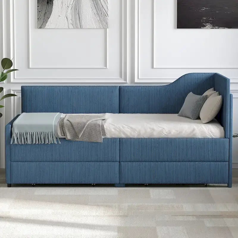Divano letto a L in velluto a coste rosa/beige/blu, a una piazza e mezza, con 2 cassetti portaoggetti (singolo)