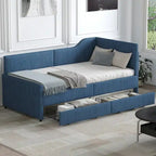 Divano letto a L in velluto a coste rosa/beige/blu, a una piazza e mezza, con 2 cassetti portaoggetti (singolo)