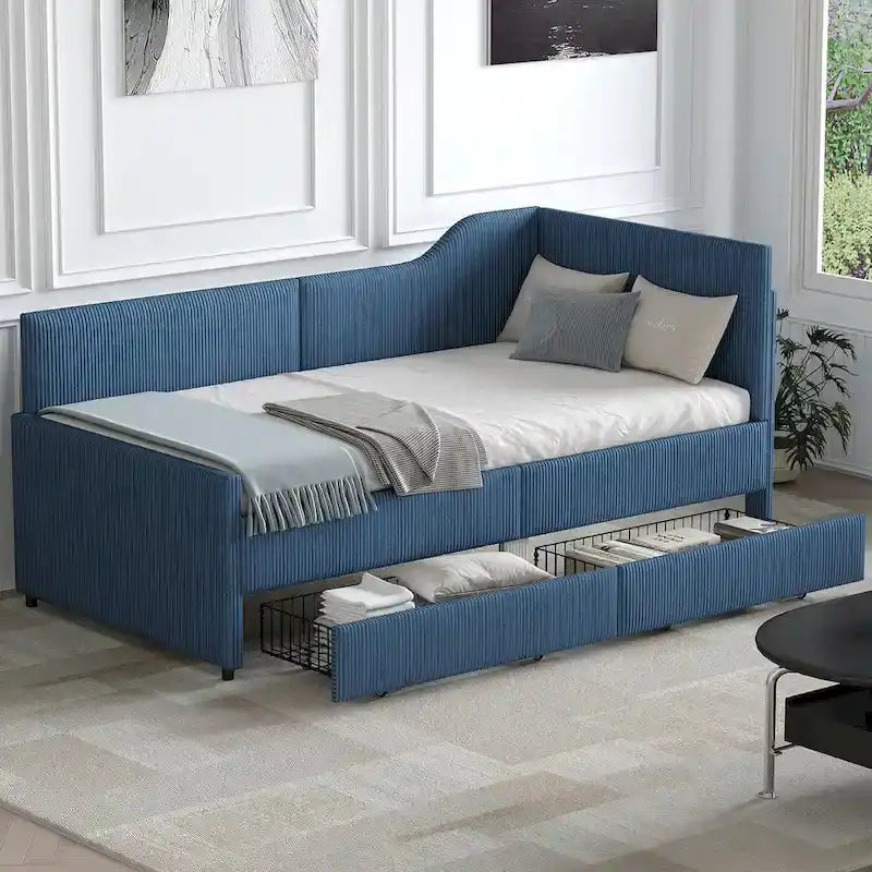 Divano letto a L in velluto a coste rosa/beige/blu, a una piazza e mezza, con 2 cassetti portaoggetti (singolo)