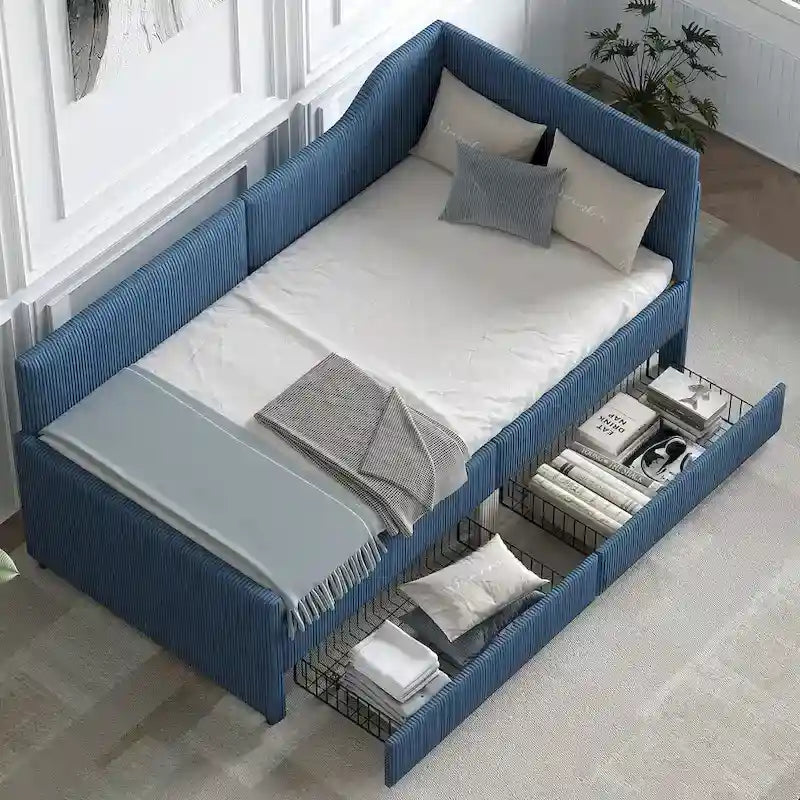 Divano letto a L in velluto a coste rosa/beige/blu, a una piazza e mezza, con 2 cassetti portaoggetti (singolo)