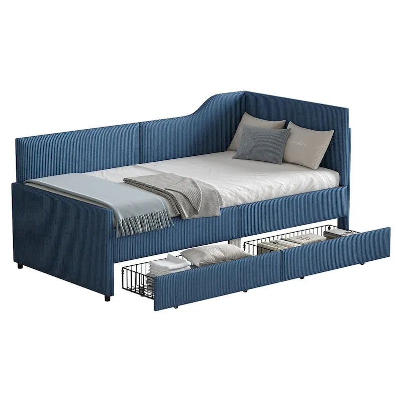Divano letto a L in velluto a coste rosa/beige/blu, a una piazza e mezza, con 2 cassetti portaoggetti (singolo)