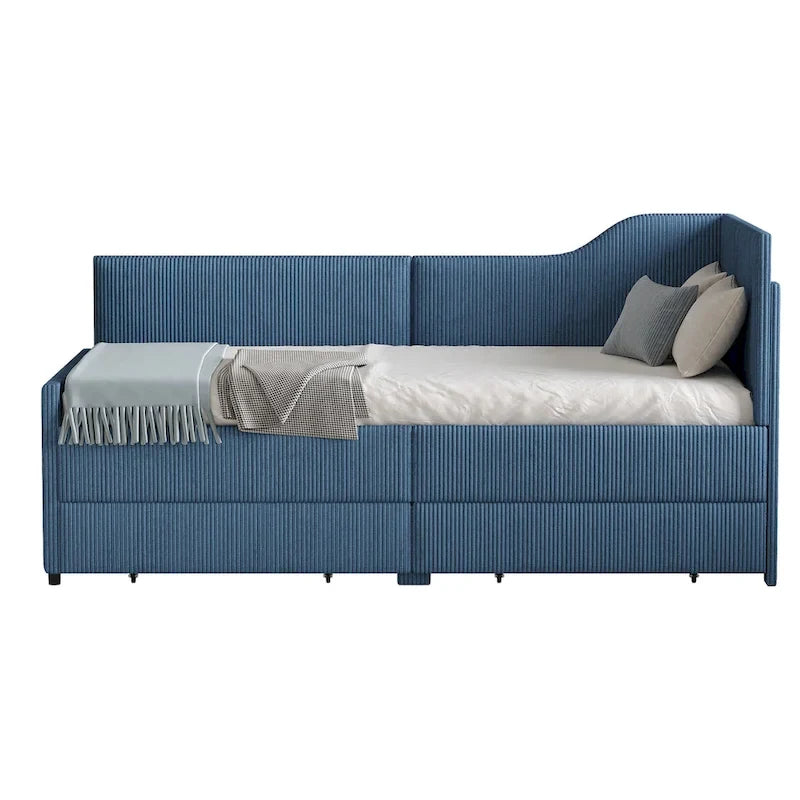 Divano letto a L in velluto a coste rosa/beige/blu, a una piazza e mezza, con 2 cassetti portaoggetti (singolo)