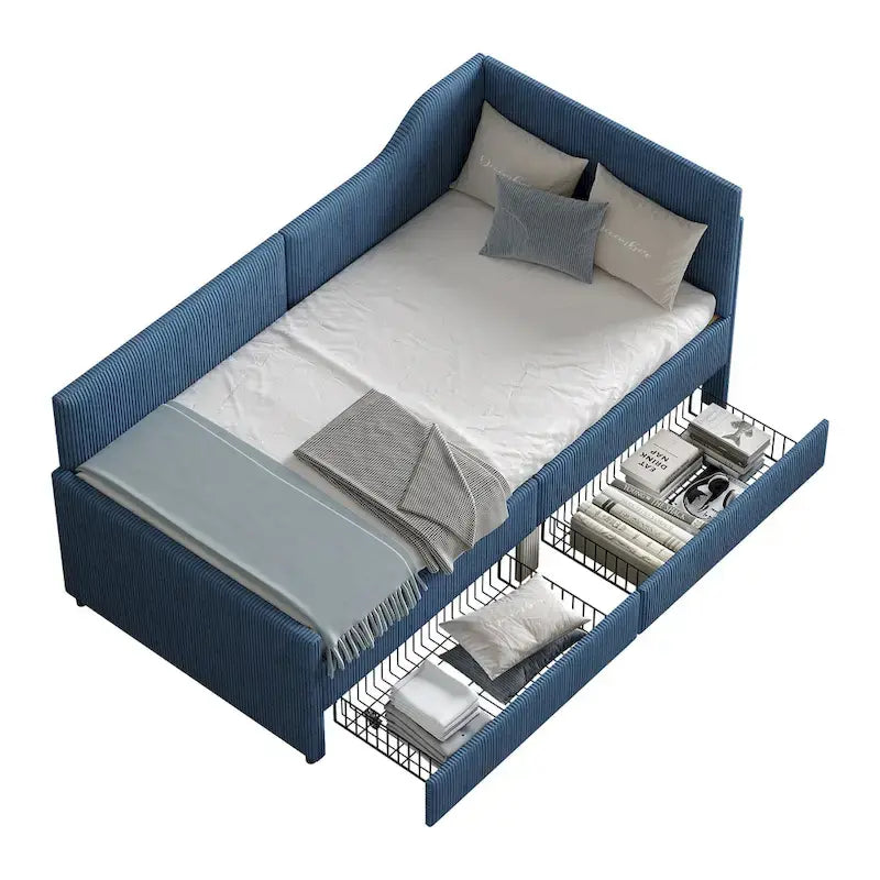 Divano letto a L in velluto a coste rosa/beige/blu, a una piazza e mezza, con 2 cassetti portaoggetti (singolo)