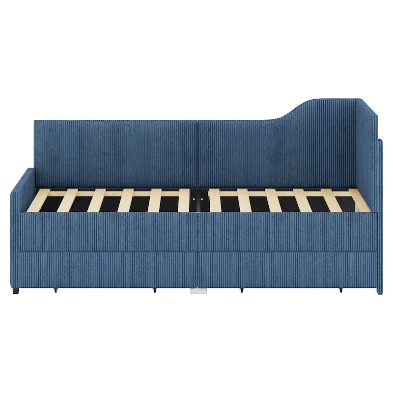 Divano letto a L in velluto a coste rosa/beige/blu, a una piazza e mezza, con 2 cassetti portaoggetti (singolo)
