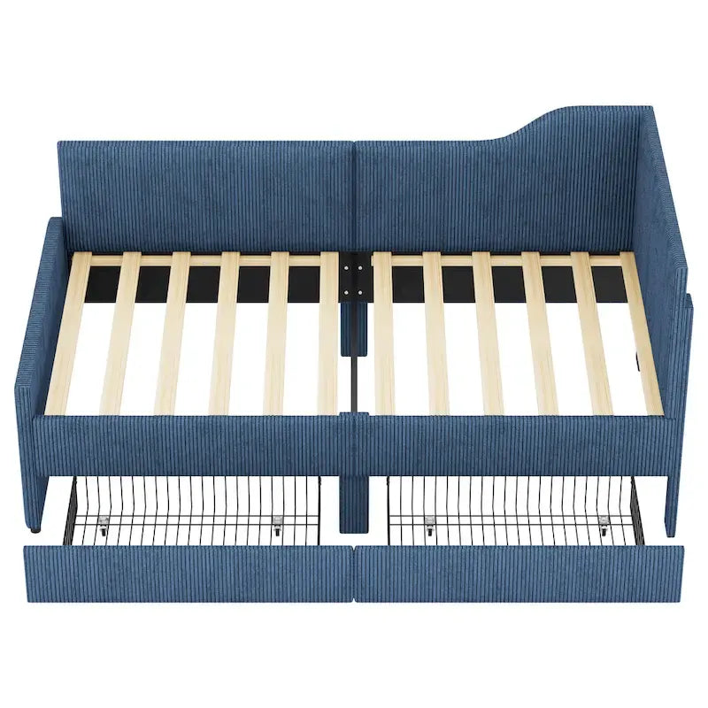 Divano letto a L in velluto a coste rosa/beige/blu, a una piazza e mezza, con 2 cassetti portaoggetti (singolo)