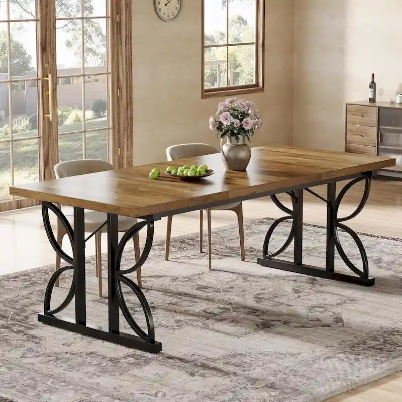 Tavolo da pranzo rettangolare Brown & Black Farmhouse con gambe geometriche in metallo (6-8 posti)