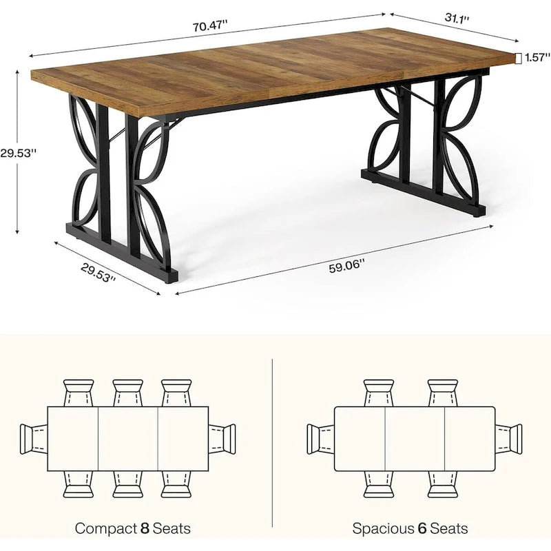 Tavolo da pranzo rettangolare Brown & Black Farmhouse con gambe geometriche in metallo (6-8 posti)