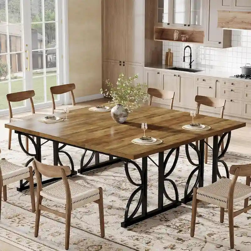 Tavolo da pranzo rettangolare Brown & Black Farmhouse con gambe geometriche in metallo (6-8 posti)