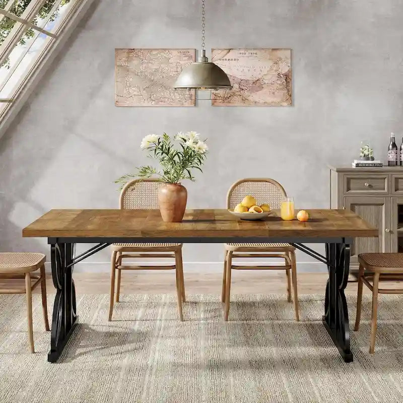 Tavolo da pranzo rettangolare Brown & Black Farmhouse con gambe geometriche in metallo (6-8 posti)