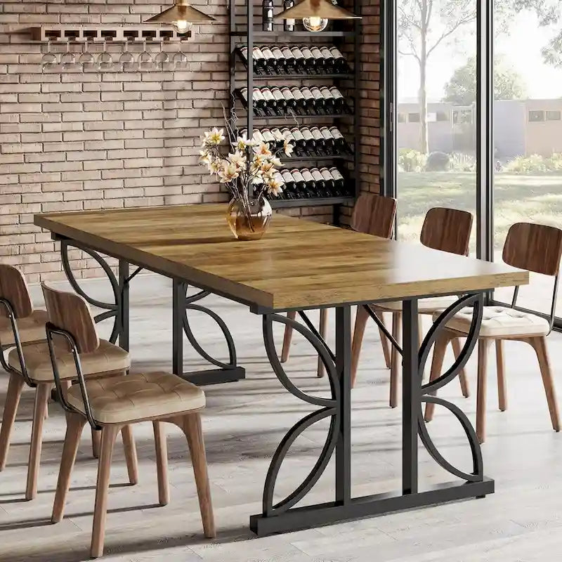 Tavolo da pranzo rettangolare Brown & Black Farmhouse con gambe geometriche in metallo (6-8 posti)