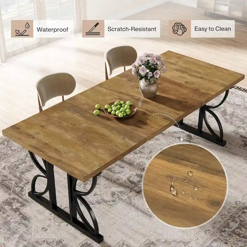 Tavolo da pranzo rettangolare Brown & Black Farmhouse con gambe geometriche in metallo (6-8 posti)