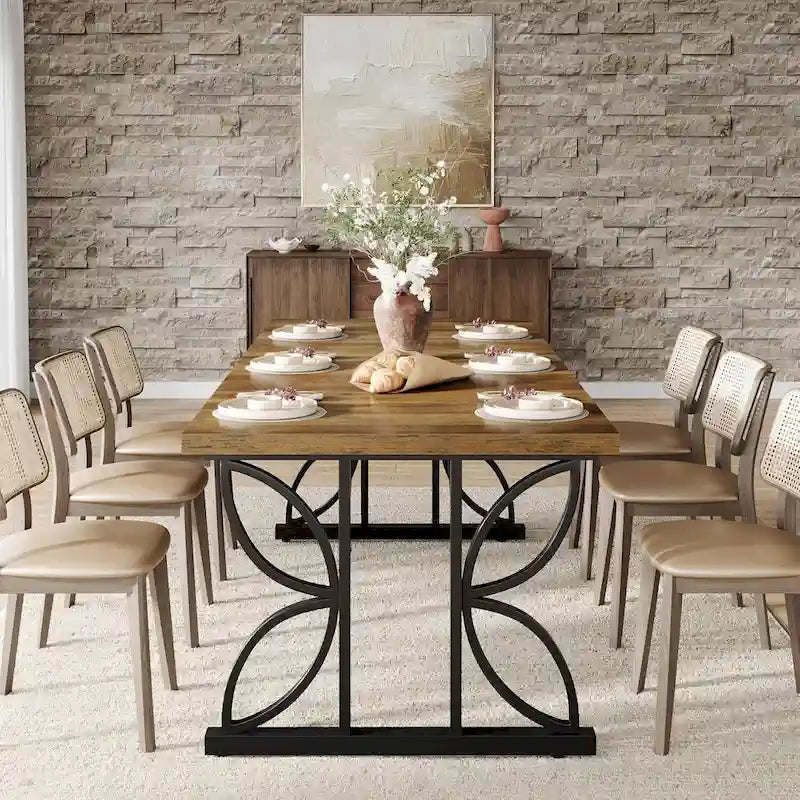 Tavolo da pranzo rettangolare Brown & Black Farmhouse con gambe geometriche in metallo (6-8 posti)