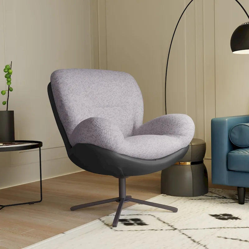 Poltrona girevole a 360° in ciniglia grigia/bianca/blu e similpelle – Stile moderno, uso singolo