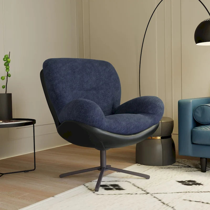 Poltrona girevole a 360° in ciniglia grigia/bianca/blu e similpelle – Stile moderno, uso singolo
