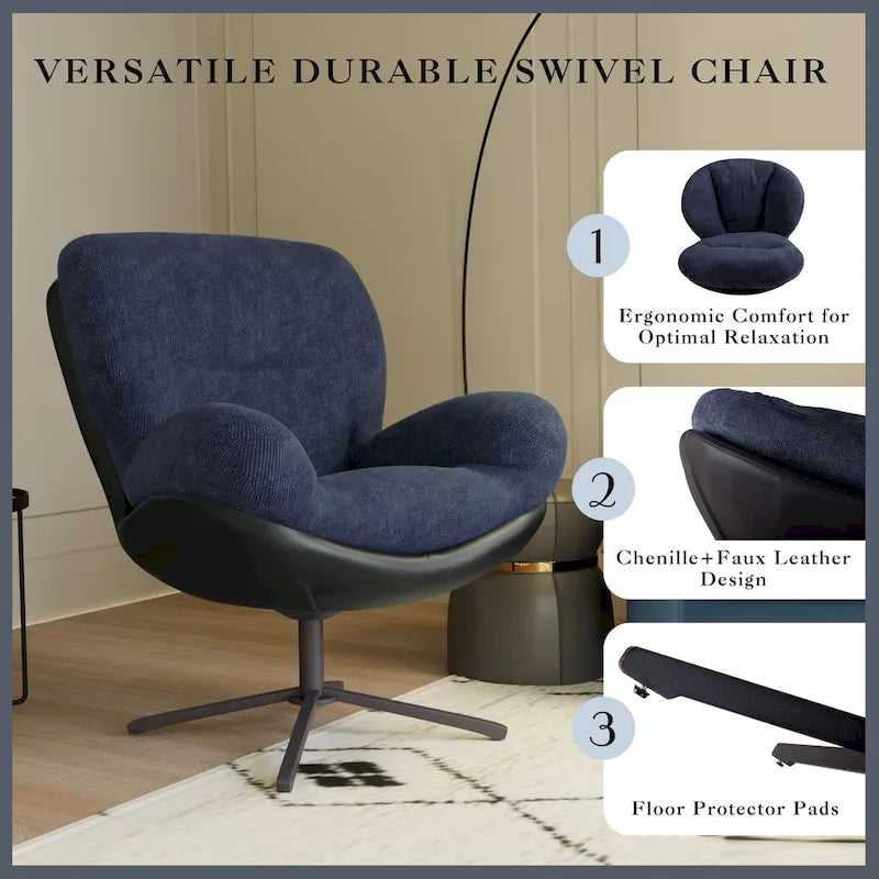 Poltrona girevole a 360° in ciniglia grigia/bianca/blu e similpelle – Stile moderno, uso singolo