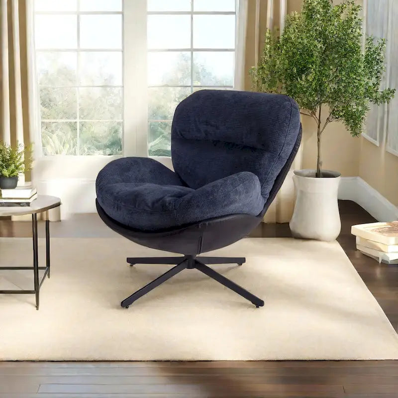 Poltrona girevole a 360° in ciniglia grigia/bianca/blu e similpelle – Stile moderno, uso singolo