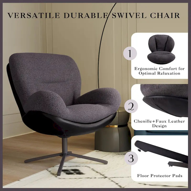 Poltrona girevole a 360° in ciniglia grigia/bianca/blu e similpelle – Stile moderno, uso singolo