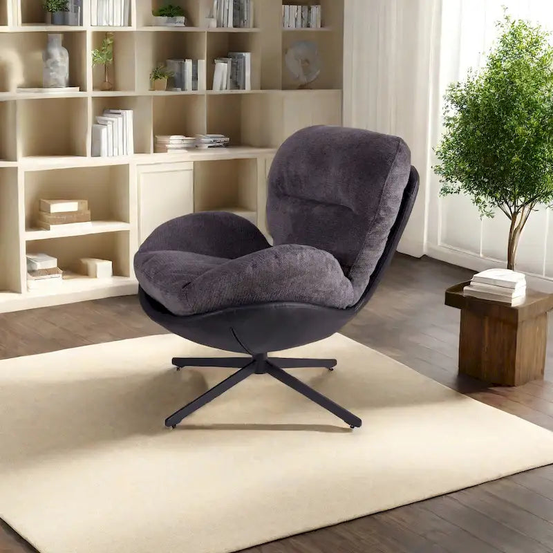 Poltrona girevole a 360° in ciniglia grigia/bianca/blu e similpelle – Stile moderno, uso singolo