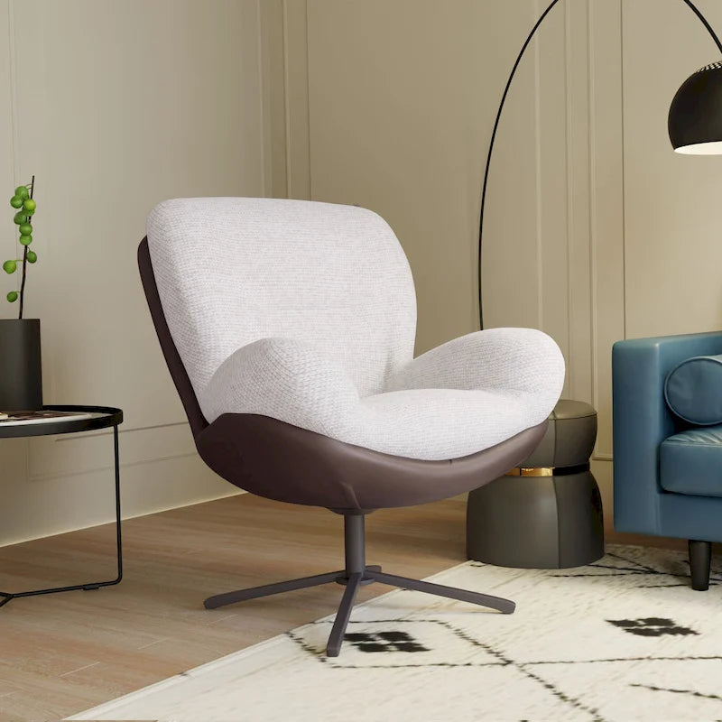 Poltrona girevole a 360° in ciniglia grigia/bianca/blu e similpelle – Stile moderno, uso singolo