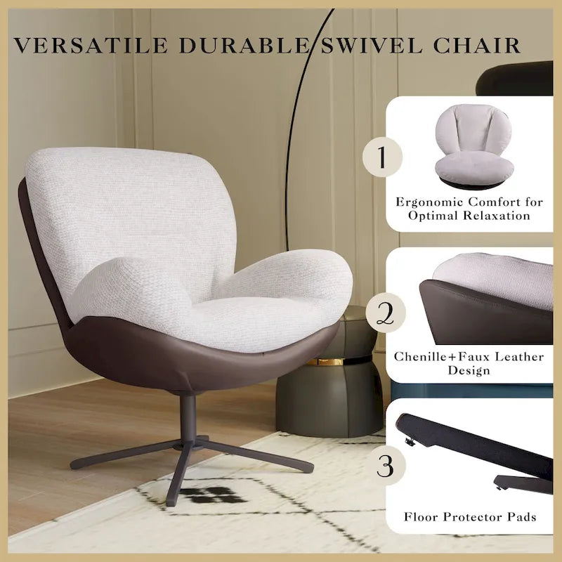Poltrona girevole a 360° in ciniglia grigia/bianca/blu e similpelle – Stile moderno, uso singolo