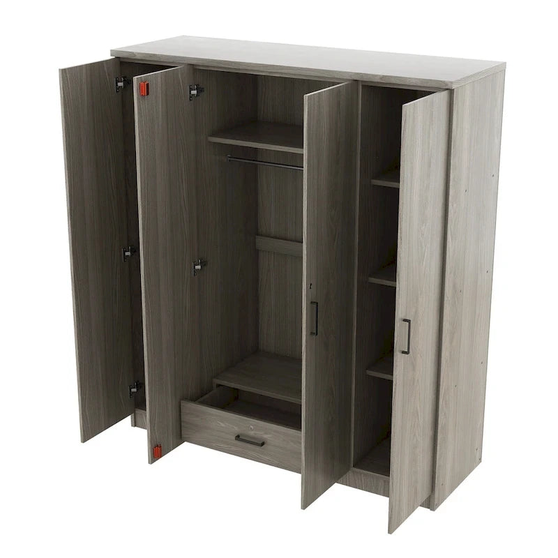Armadio a 4 ante grigio in MDF con ripiani e cassetto con serratura