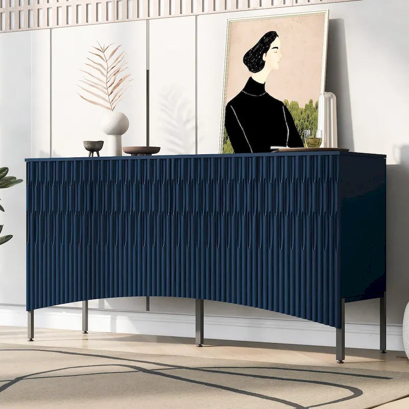 Credenza curva a 4 ante blu navy/beige/nera con gambe in metallo