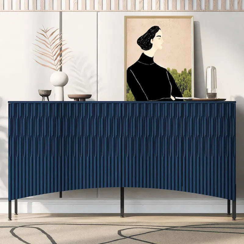 Credenza curva a 4 ante blu navy/beige/nera con gambe in metallo