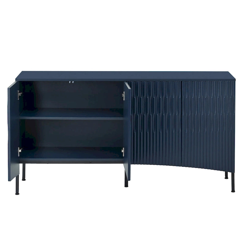 Credenza curva a 4 ante blu navy/beige/nera con gambe in metallo