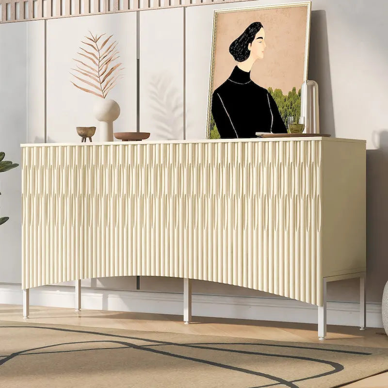 Credenza curva a 4 ante blu navy/beige/nera con gambe in metallo