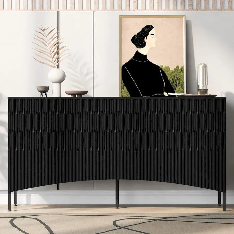 Credenza curva a 4 ante blu navy/beige/nera con gambe in metallo