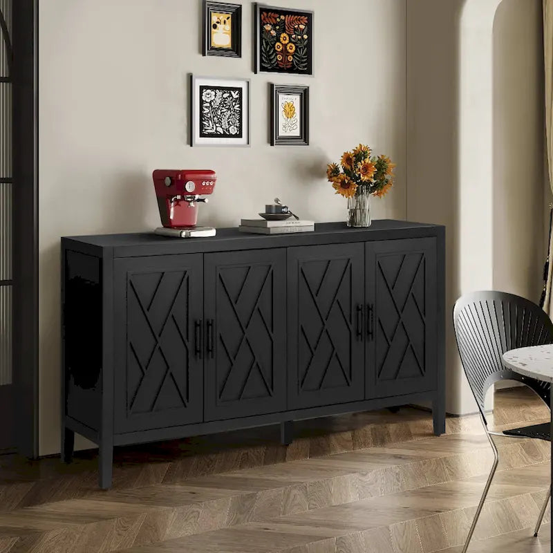 Credenza in Legno Anticata Nera/Marrone a 4 Ante con Ante Fantasia e Ripiano Regolabile